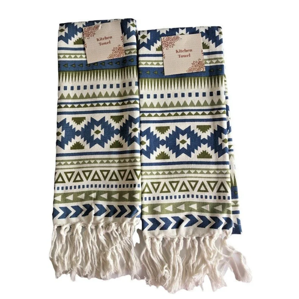 Southwest Kitchen Dish Tea Towels Tasseled Blue Navajo Native American Set Of 2